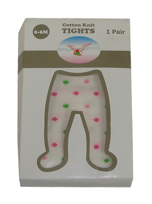 Package of cotton knit tights for newborns with colorful flower pattern on a white background
