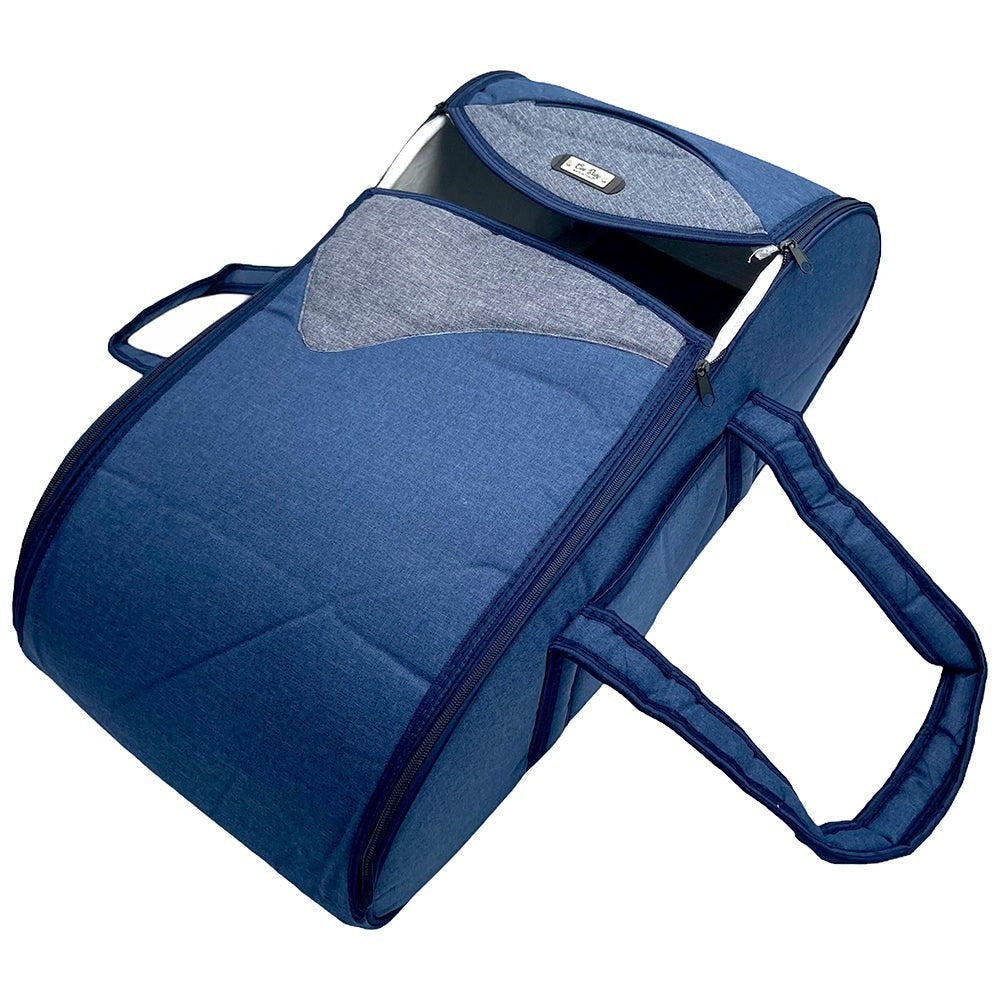 Blue pet carrier with gray interior on a white background