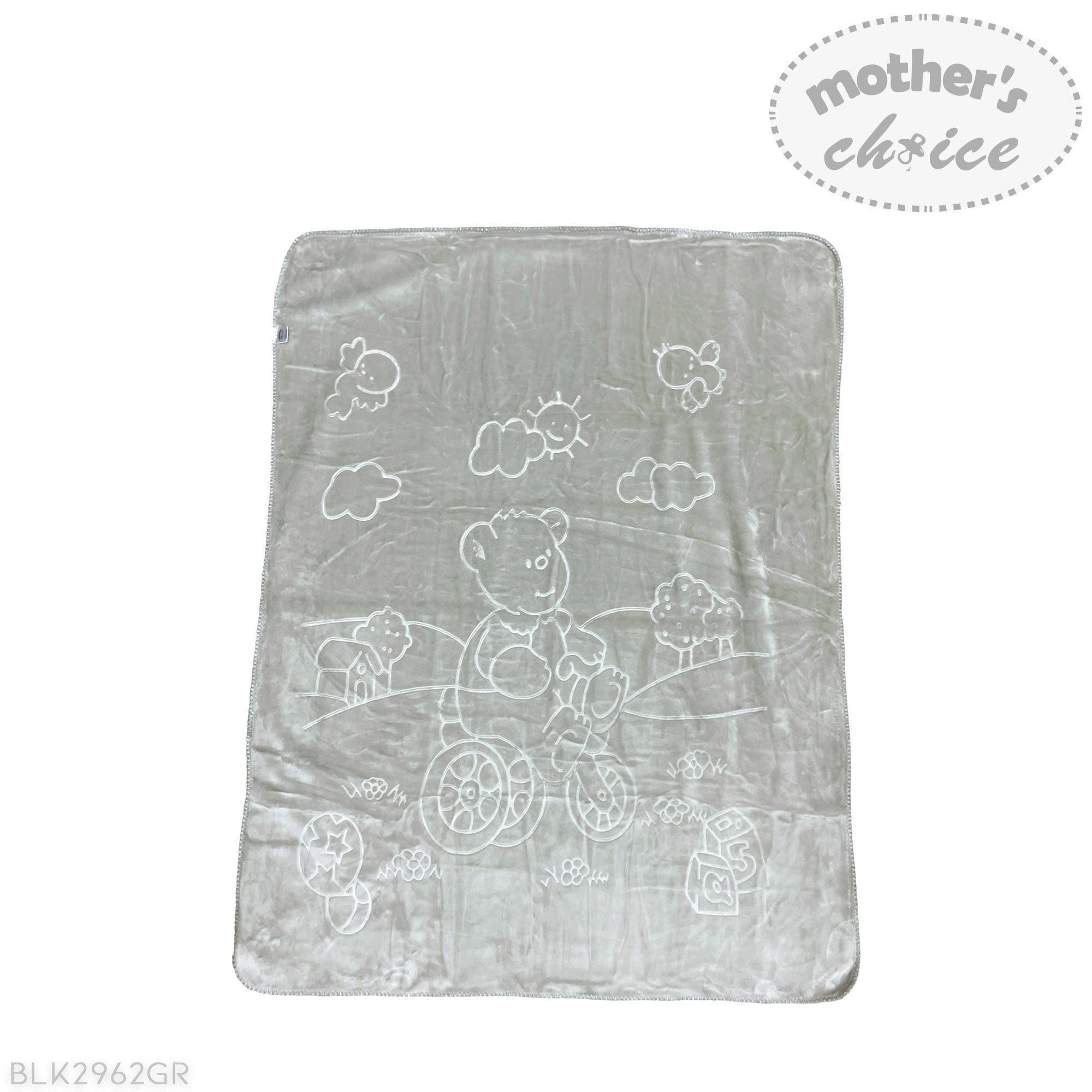 Gray baby blanket with white teddy bear and cloud pattern on a white background
