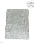 Gray baby blanket with white teddy bear and cloud pattern on a white background