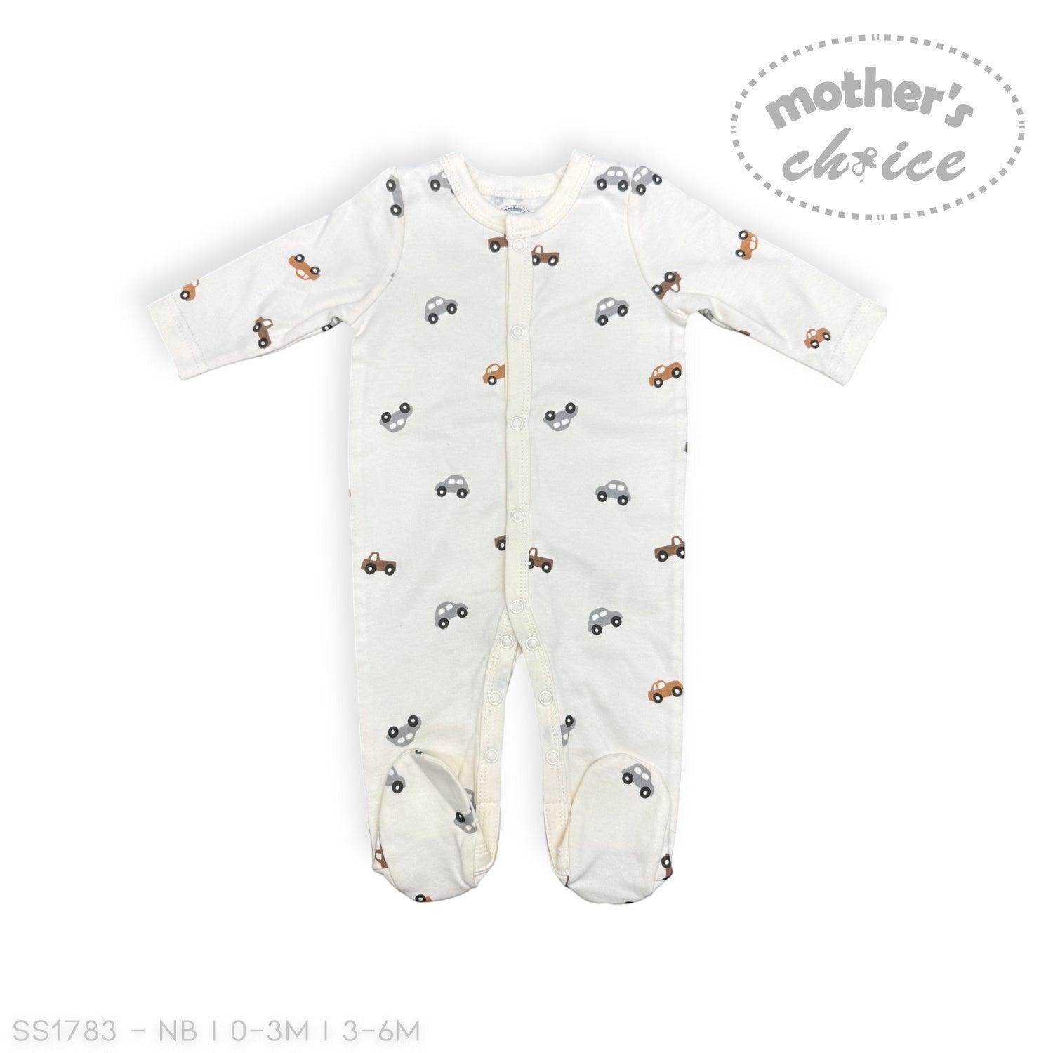 Baby onesie with car pattern on a white background, featuring 'Mother's Choice' branding.