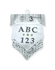 Set of three baby bandana bibs with ABC and 123 print on a white background