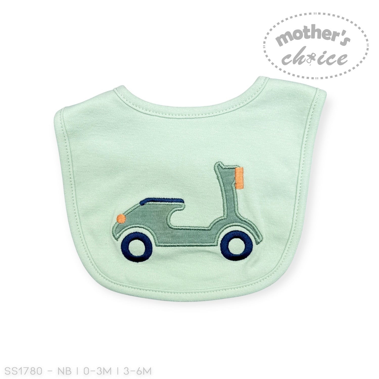 Light green bib with scooter design on a white background, featuring 'Mother's Choice' branding.