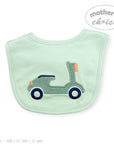 Light green bib with scooter design on a white background, featuring 'Mother's Choice' branding.