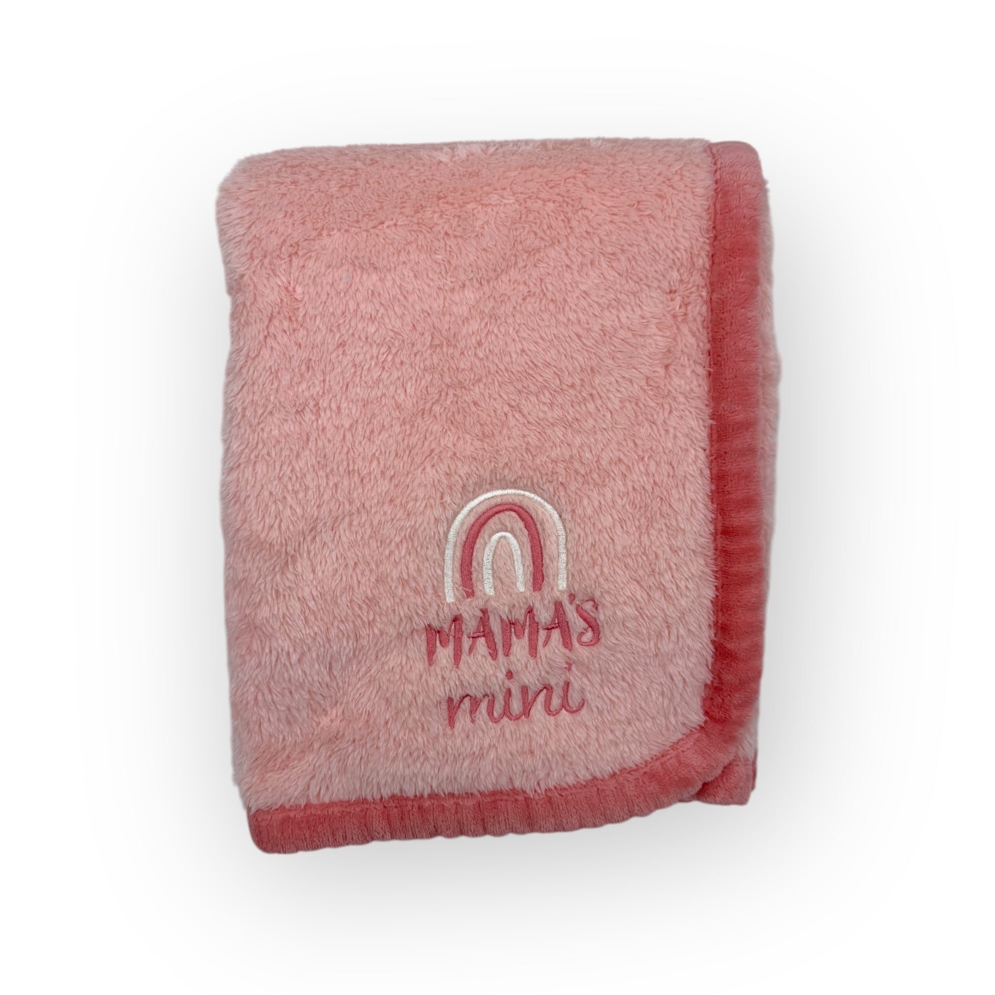Pink baby blanket with 'MAMA'S mini' embroidery on a white background