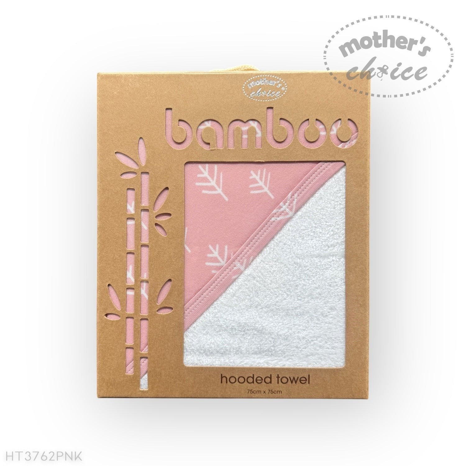 Bamboo hooded towel packaging with pink and white towel inside on a white background