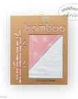 Bamboo hooded towel packaging with pink and white towel inside on a white background