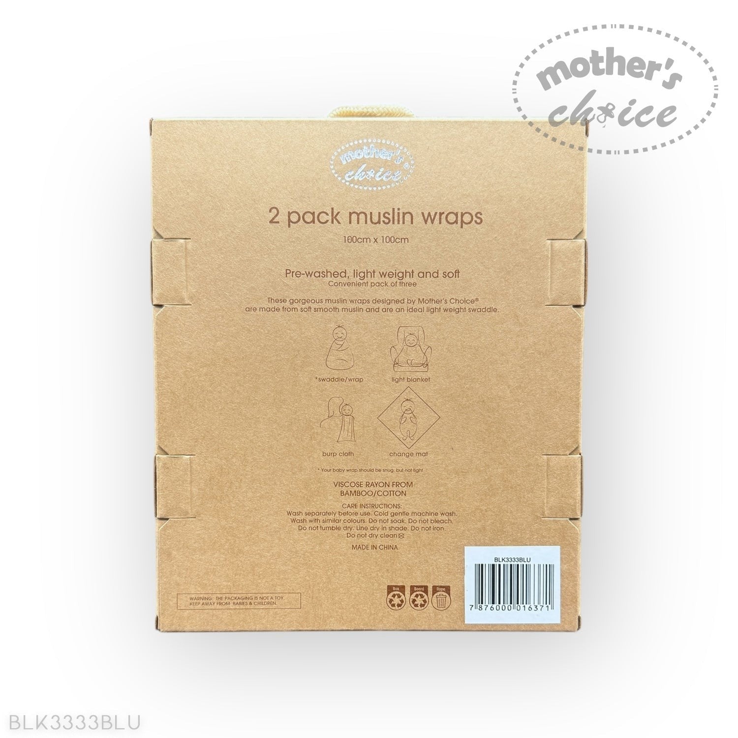 Cardboard packaging of 2-pack muslin wraps with 'Mother's Choice' branding on a white background.