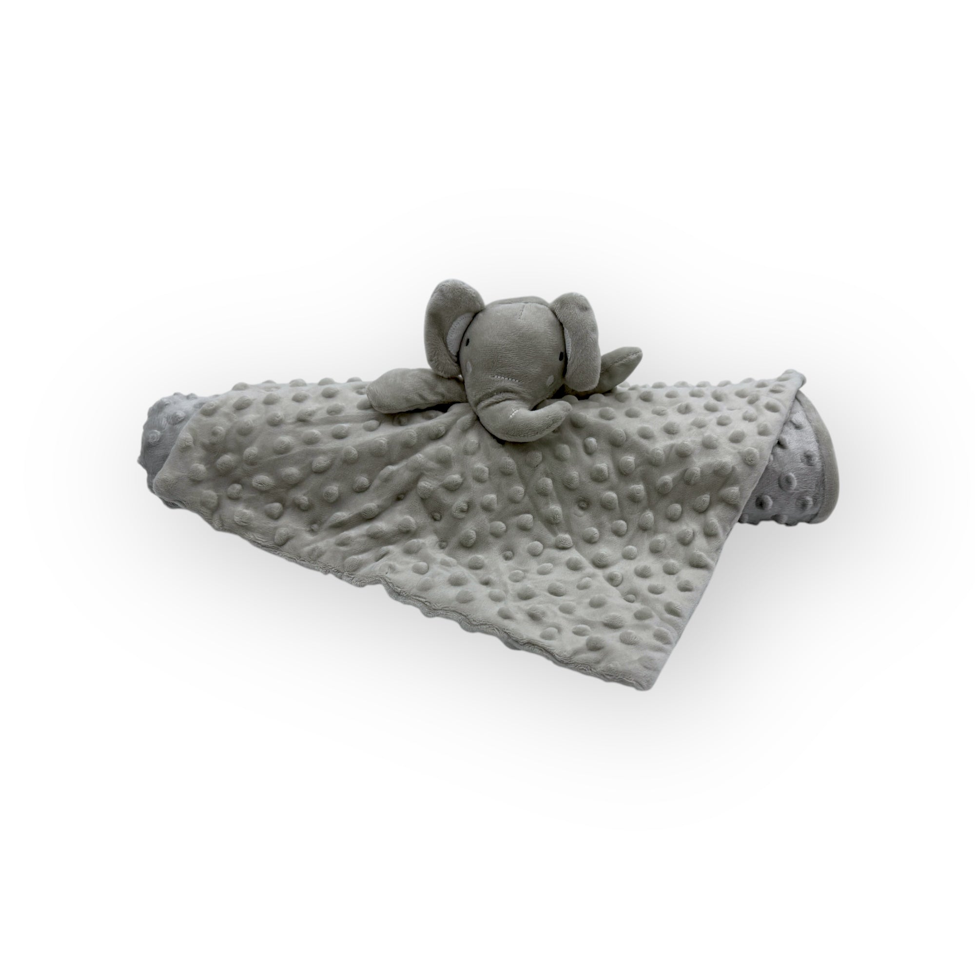 Gray elephant plush toy with a matching blanket on a white background