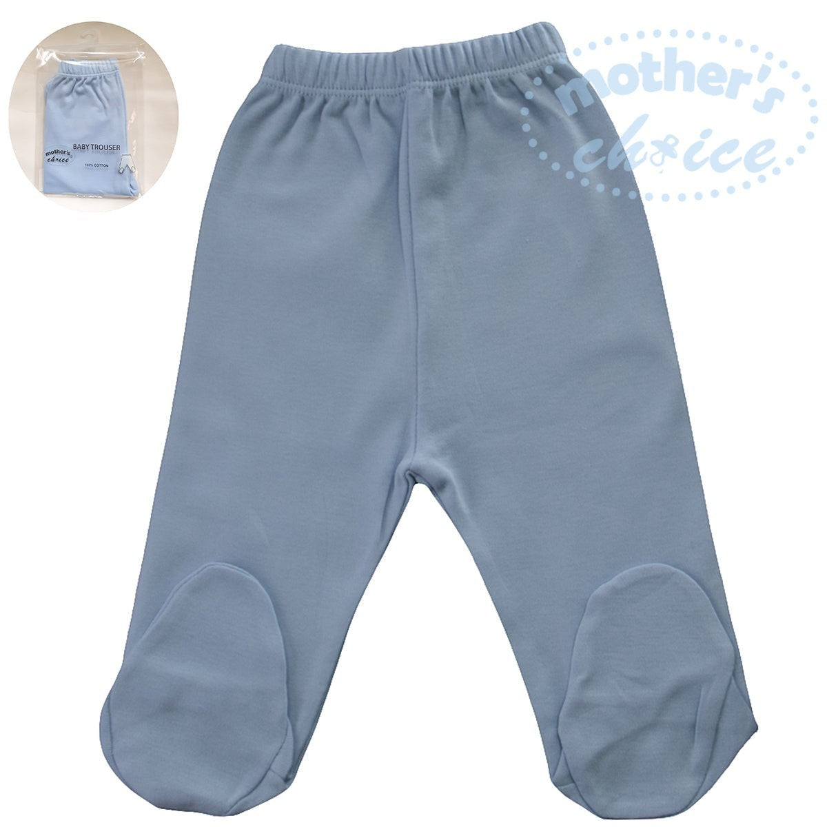 Blue baby pants with footies on a white background, featuring 'Mother's Choice' branding.