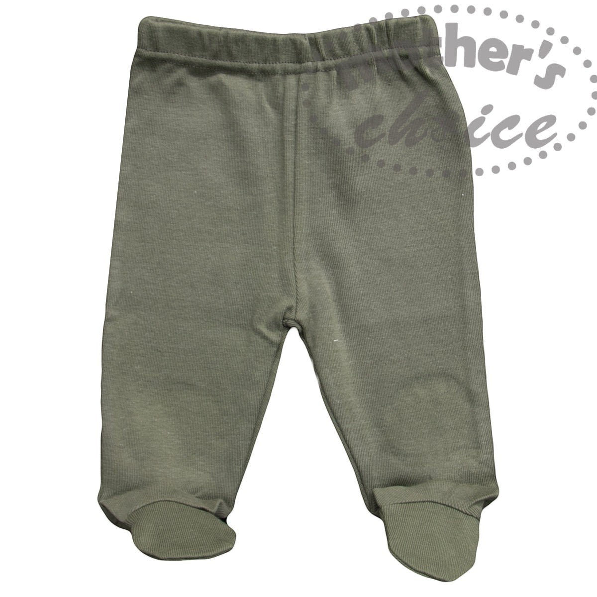 Green baby pants with footies on a white background