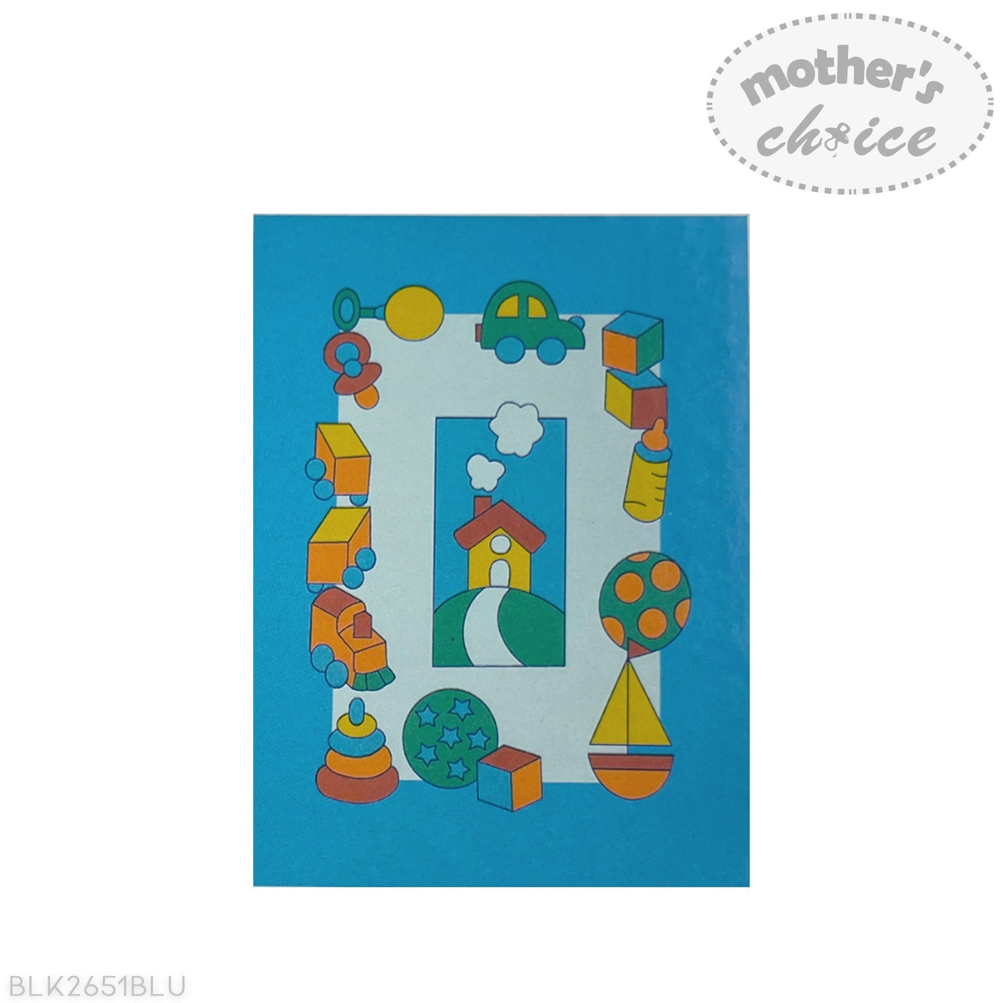 Colorful toy-themed card with a blue border, featuring various toys and a house illustration.