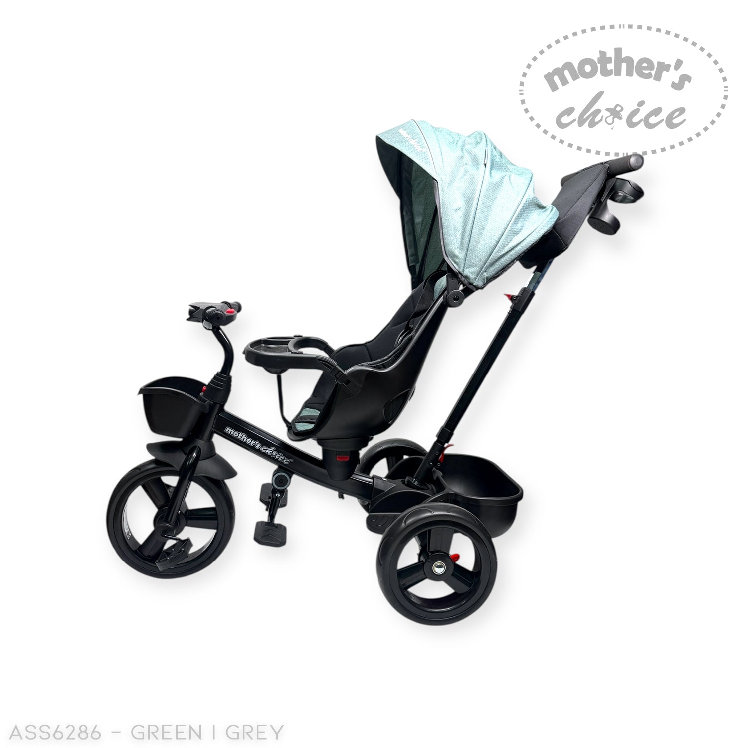 Black baby tricycle with canopy on a white background, featuring 'Mother's Choice' branding.