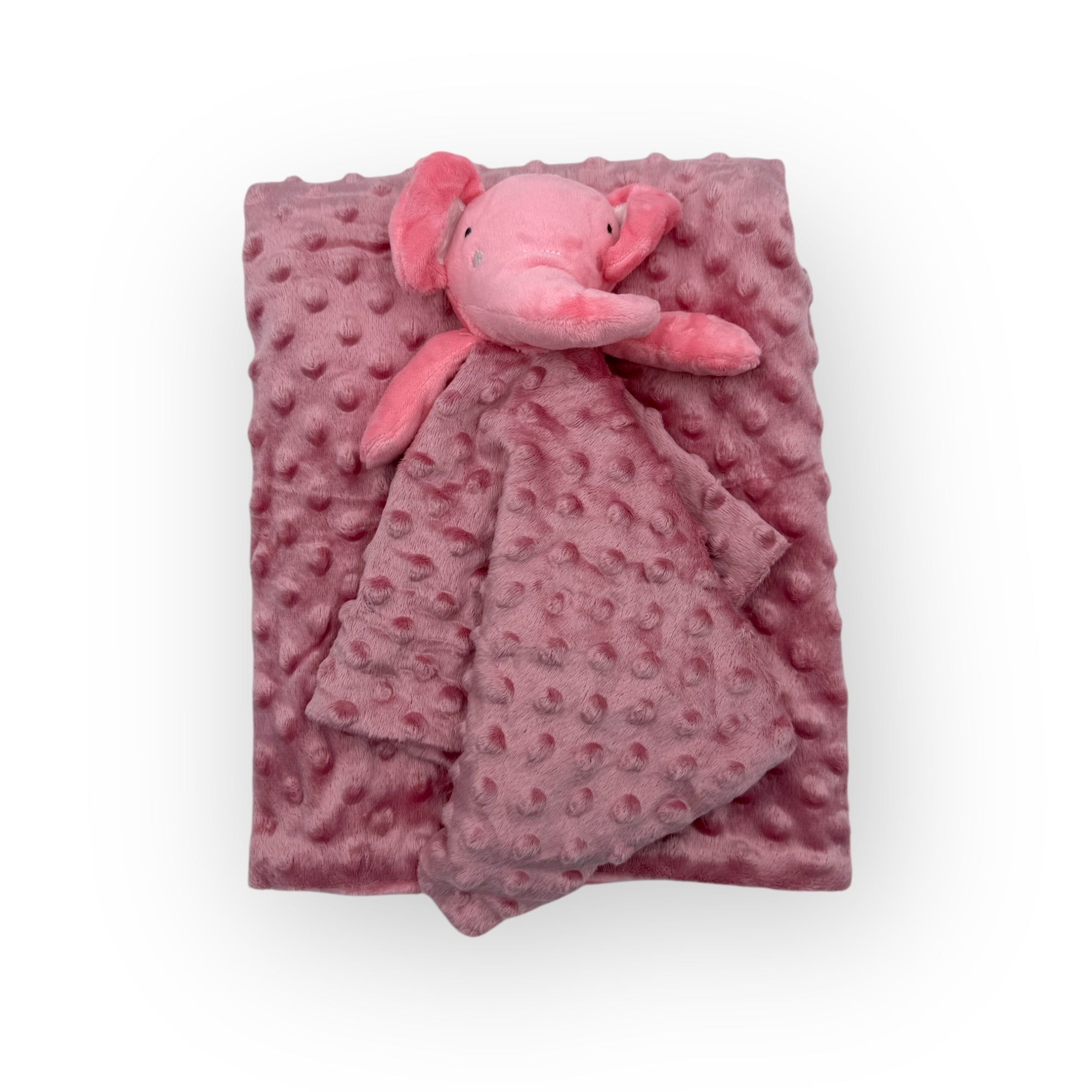 Pink textured blanket with a pink elephant plush toy on a white background