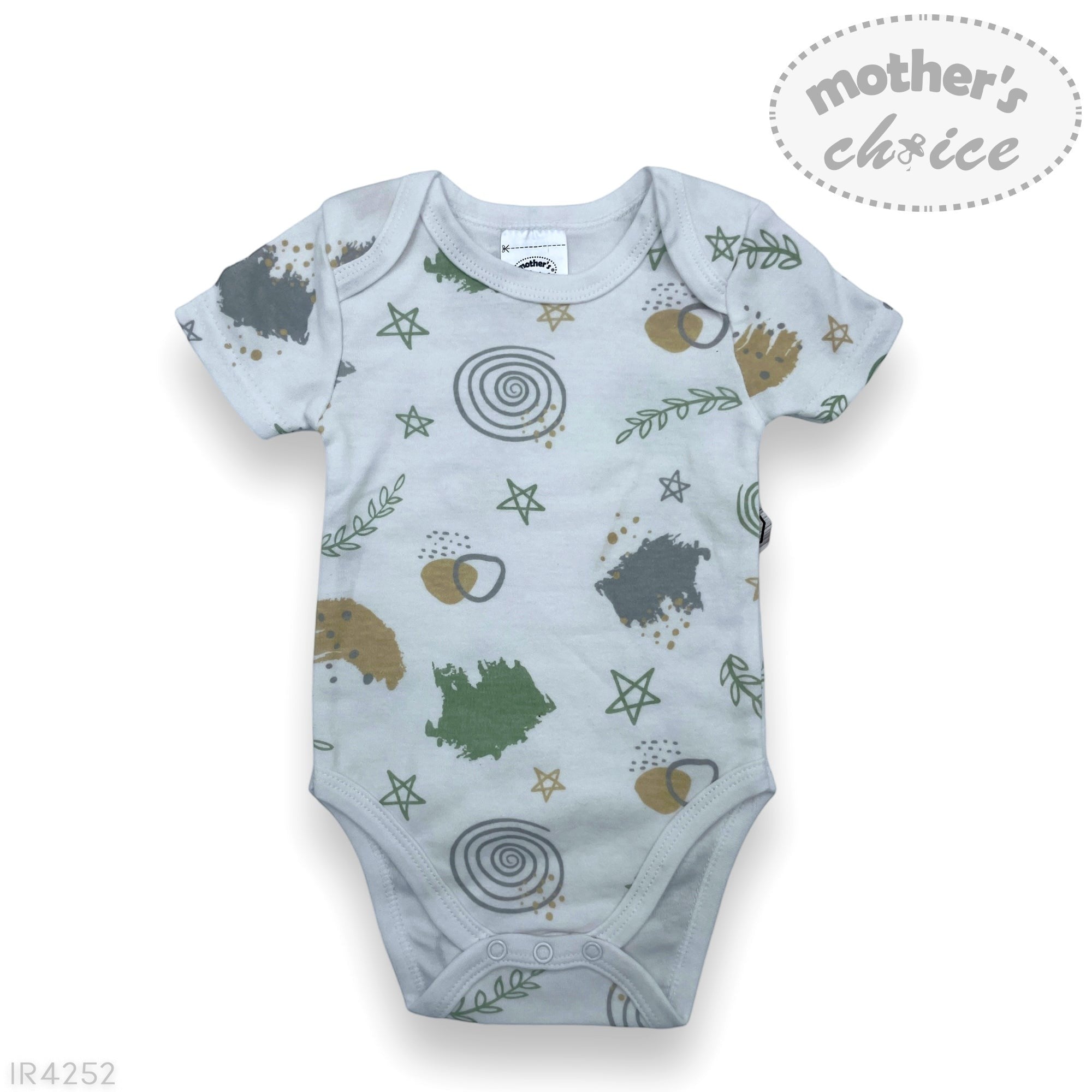 Baby onesie with animal patterns on a white background, featuring 'mother's choice' branding.
