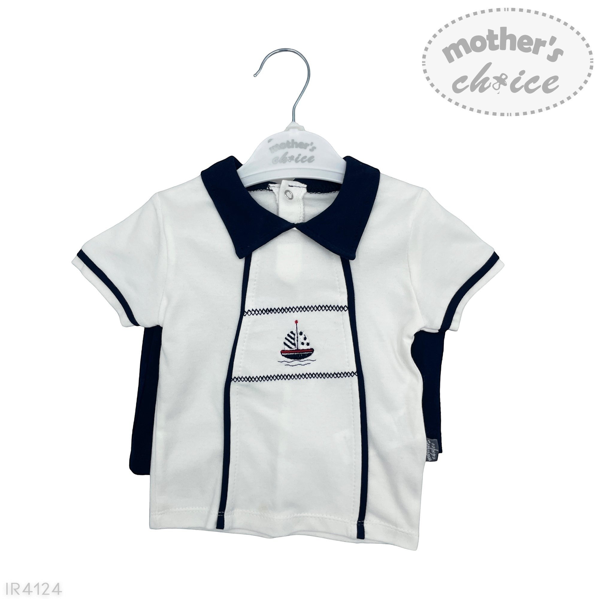 White and navy children's shirt with a sailboat design on a hanger, branded 'Mother's Choice'.