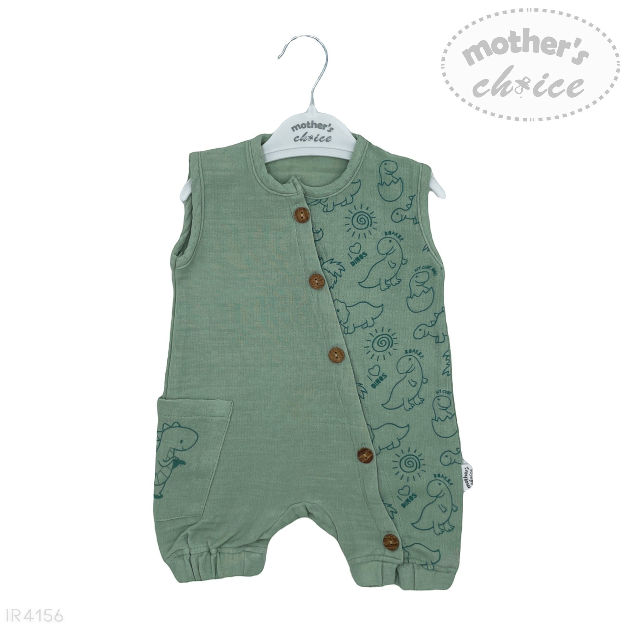 Green baby romper with dinosaur patterns on a hanger against a white background