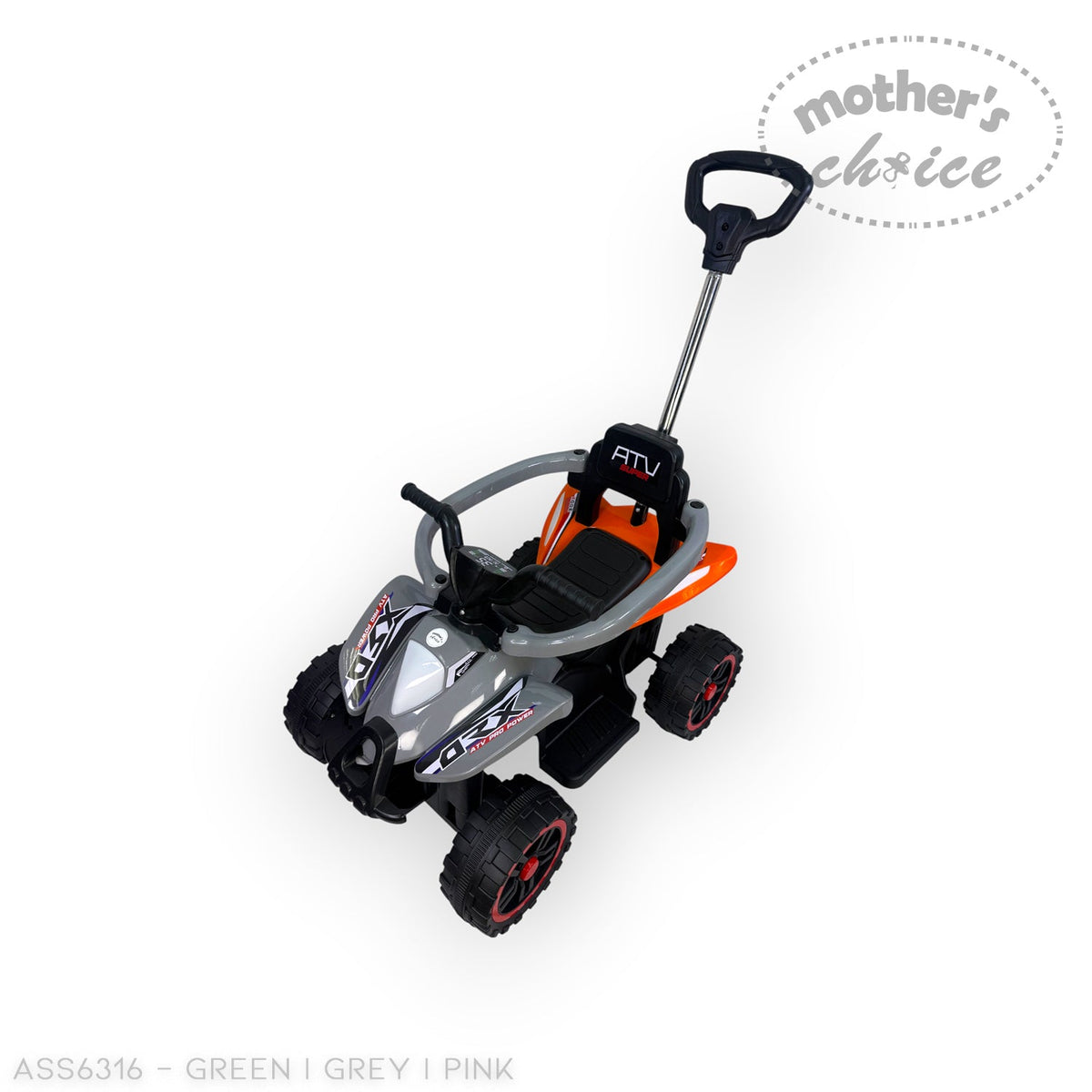 Mother's Choice grey and orange ATV-style ride-on car with a rear push handle and chunky wheels for toddlers.