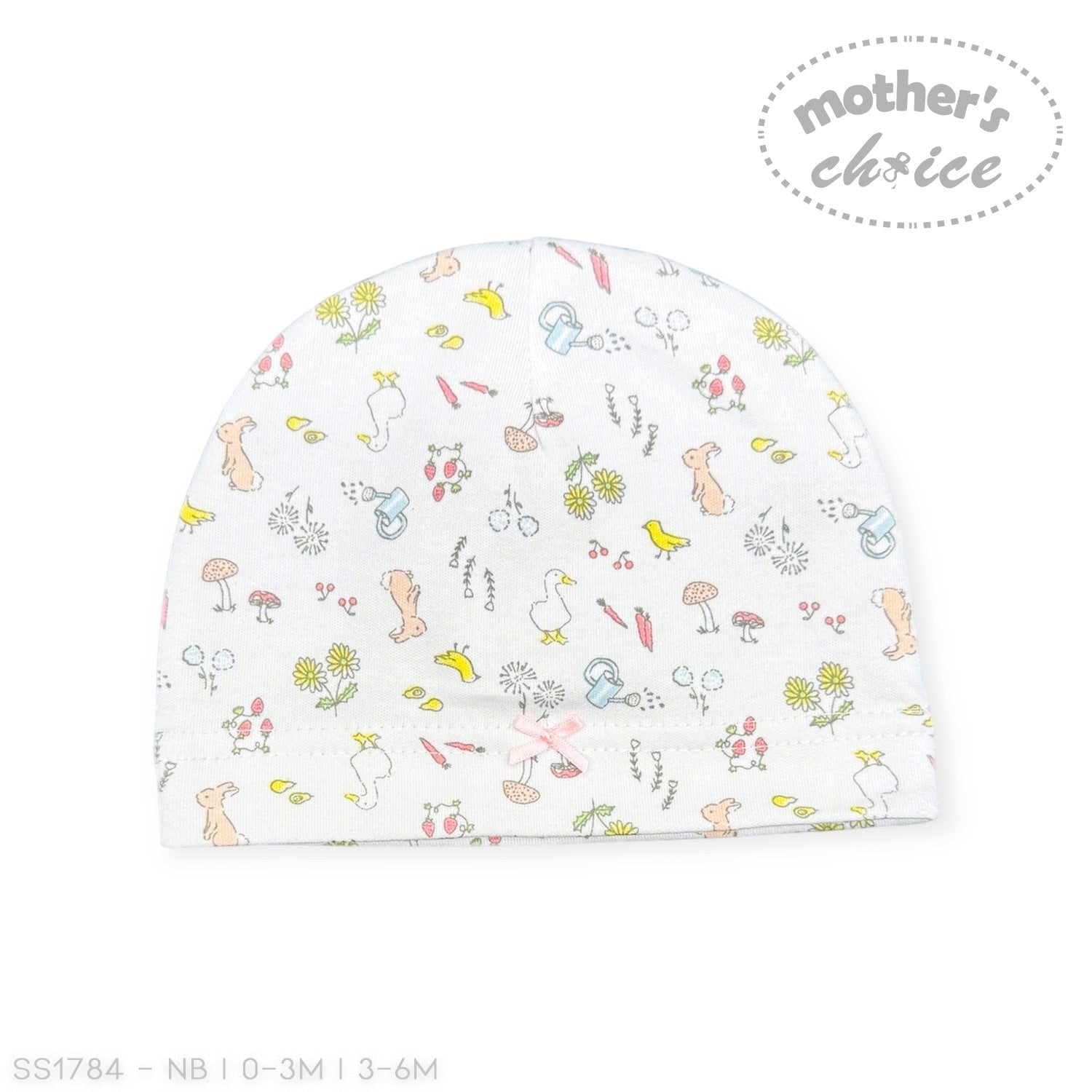 Mother's Choice white cotton interlock baby hat with ducks, squirrels, and garden print. Features a pink bow.
