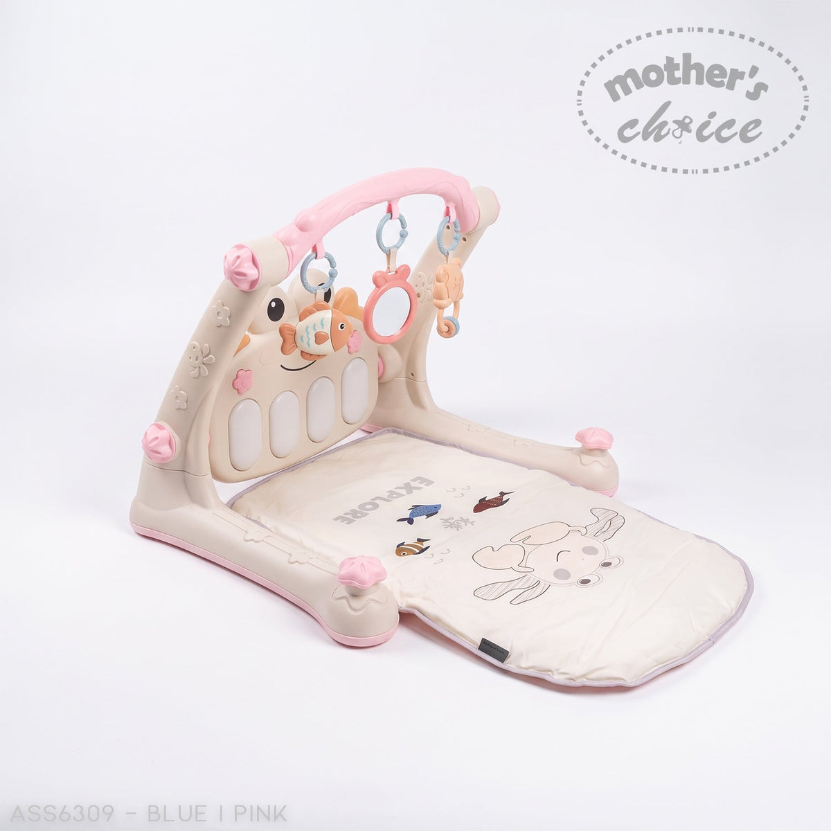 Mother's Choice 2-in-1 pink baby playmat and activity walker with hanging toys and interactive piano keys
