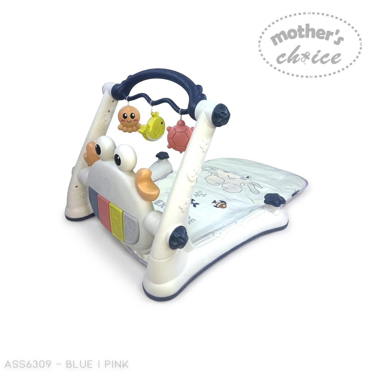 Mother's Choice 2-in-1 blue baby playmat and activity walker with hanging toys and interactive crab-themed front panel