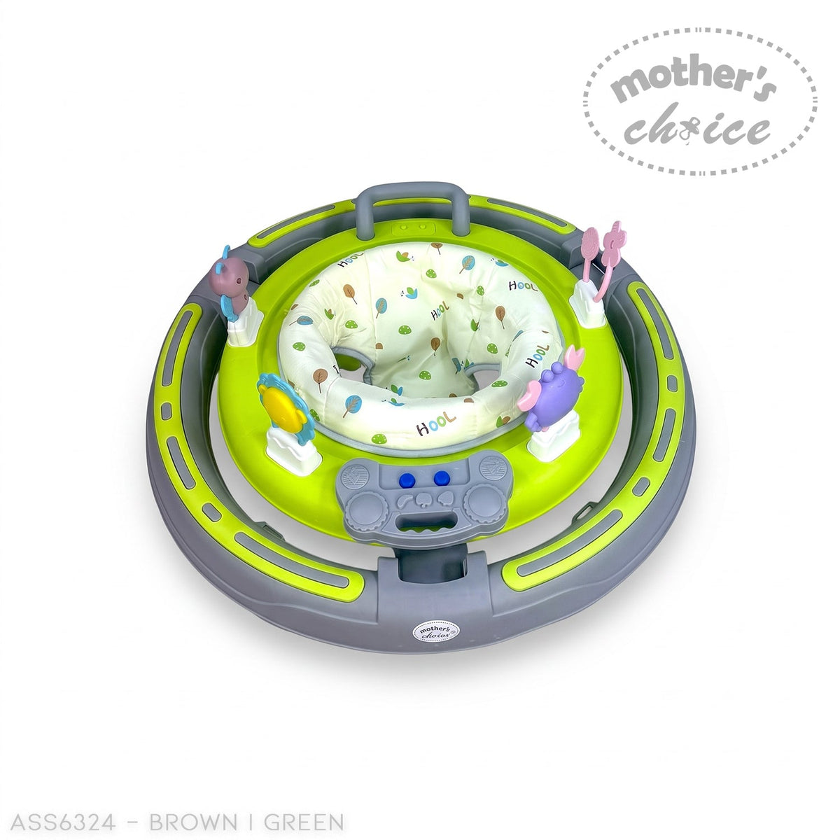 Mother's Choice baby walker in green and grey with a padded seat and interactive activity tray for infants.