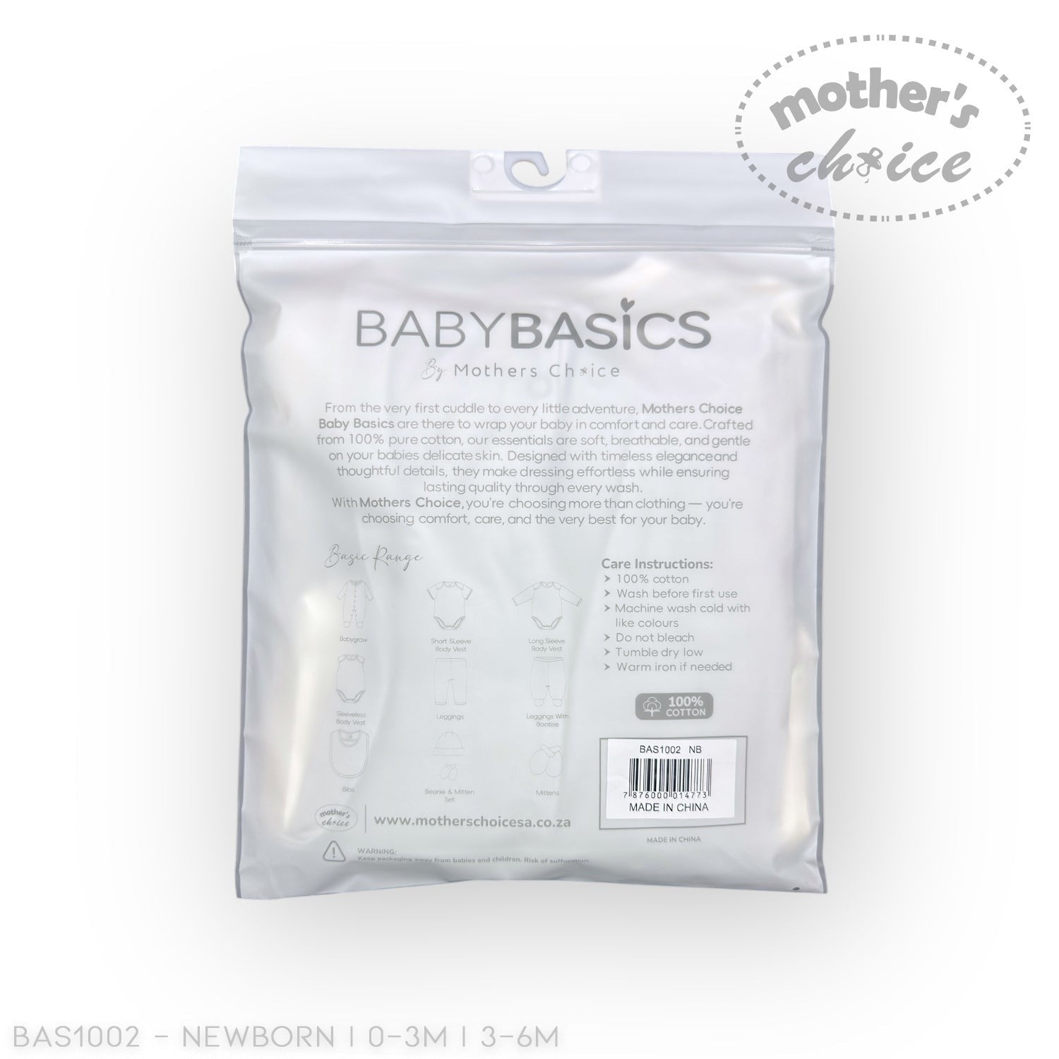 Mothers Choice 2 Piece Babygrow With Snaps, white cotton, snap closures, soft and breathable for newborns.