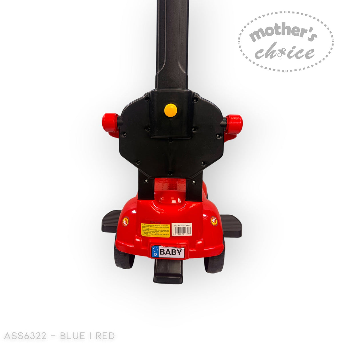 Mother's Choice red ride-on Beetle car for toddlers, featuring a push handle, backrest, and footrests, rear view.