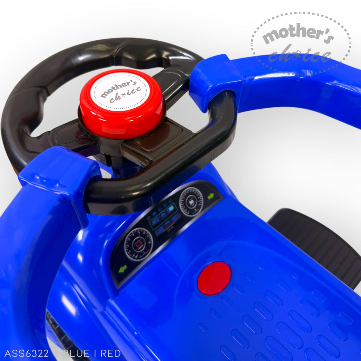 Blue Mother's Choice Beetle ride-on car with black steering wheel, red horn button, and dashboard detail.