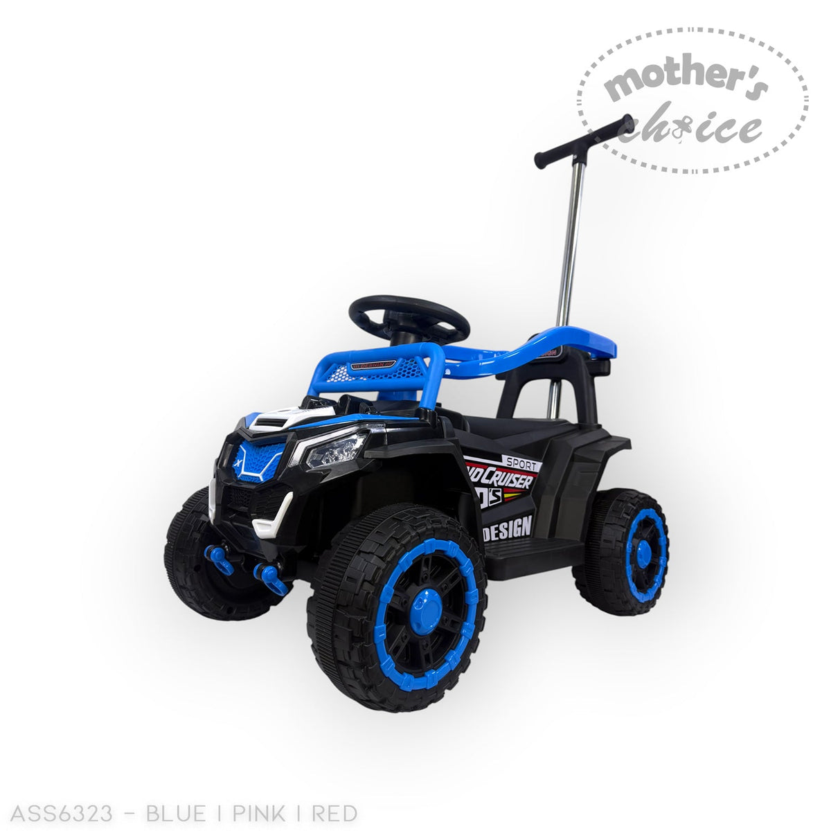 Mother's Choice blue and black sporty ride-on car with a parent push handle and chunky wheels for toddlers.