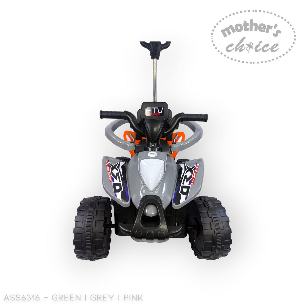 Mother's Choice grey ATV-style ride-on car with chunky wheels, handlebar steering, and a rear parent push handle.