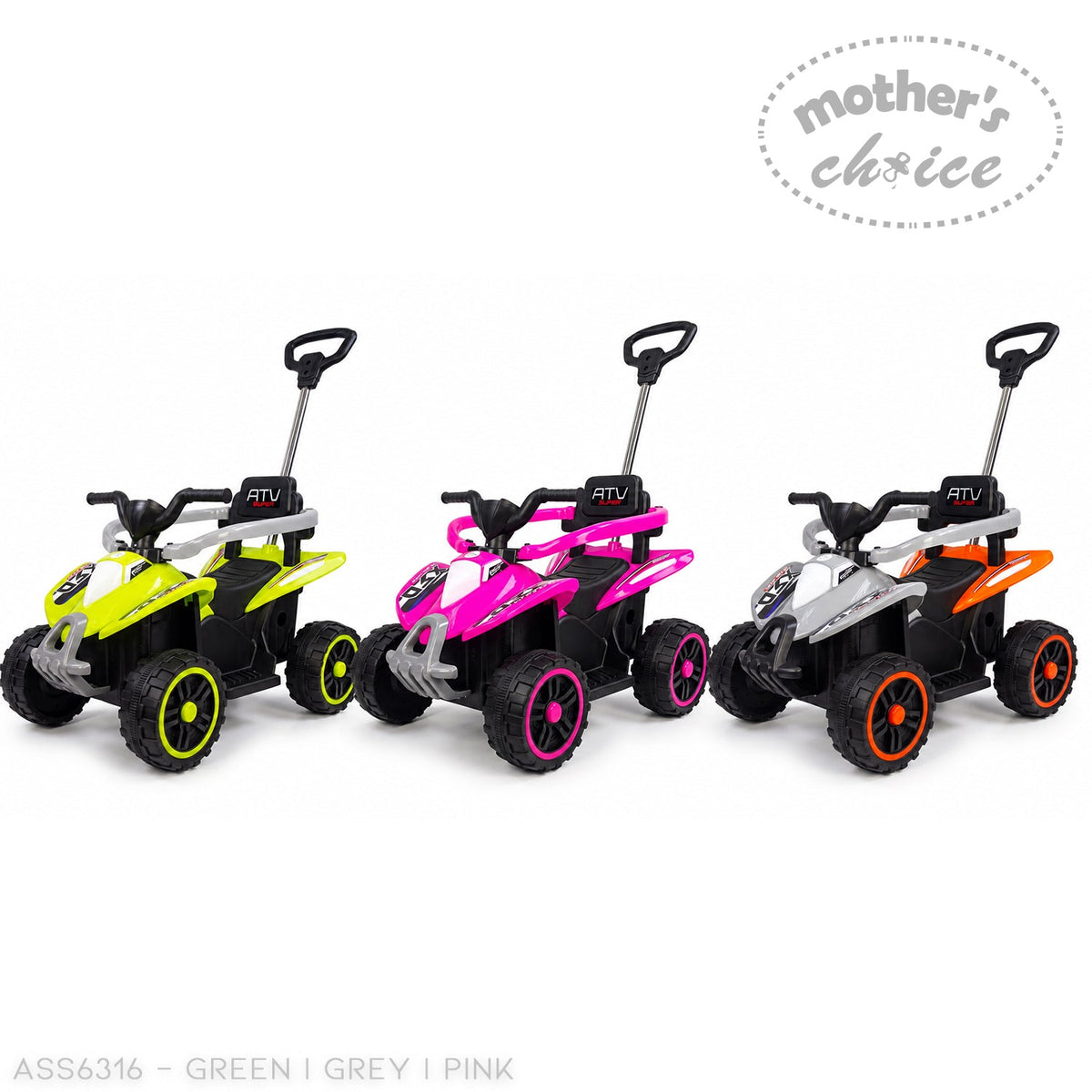 Mother's Choice ATV-style ride-on cars in green, pink, and grey with handlebars and parent push handles.