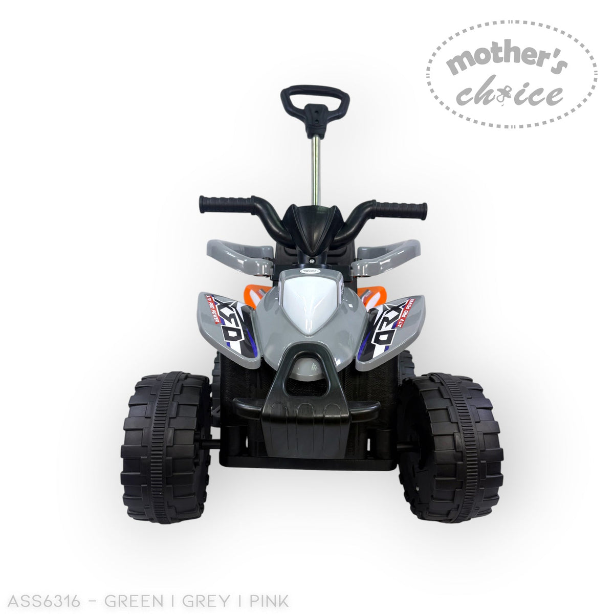 Mother's Choice grey ATV-style ride-on car with chunky wheels, handlebar steering, and a rear parent push handle.