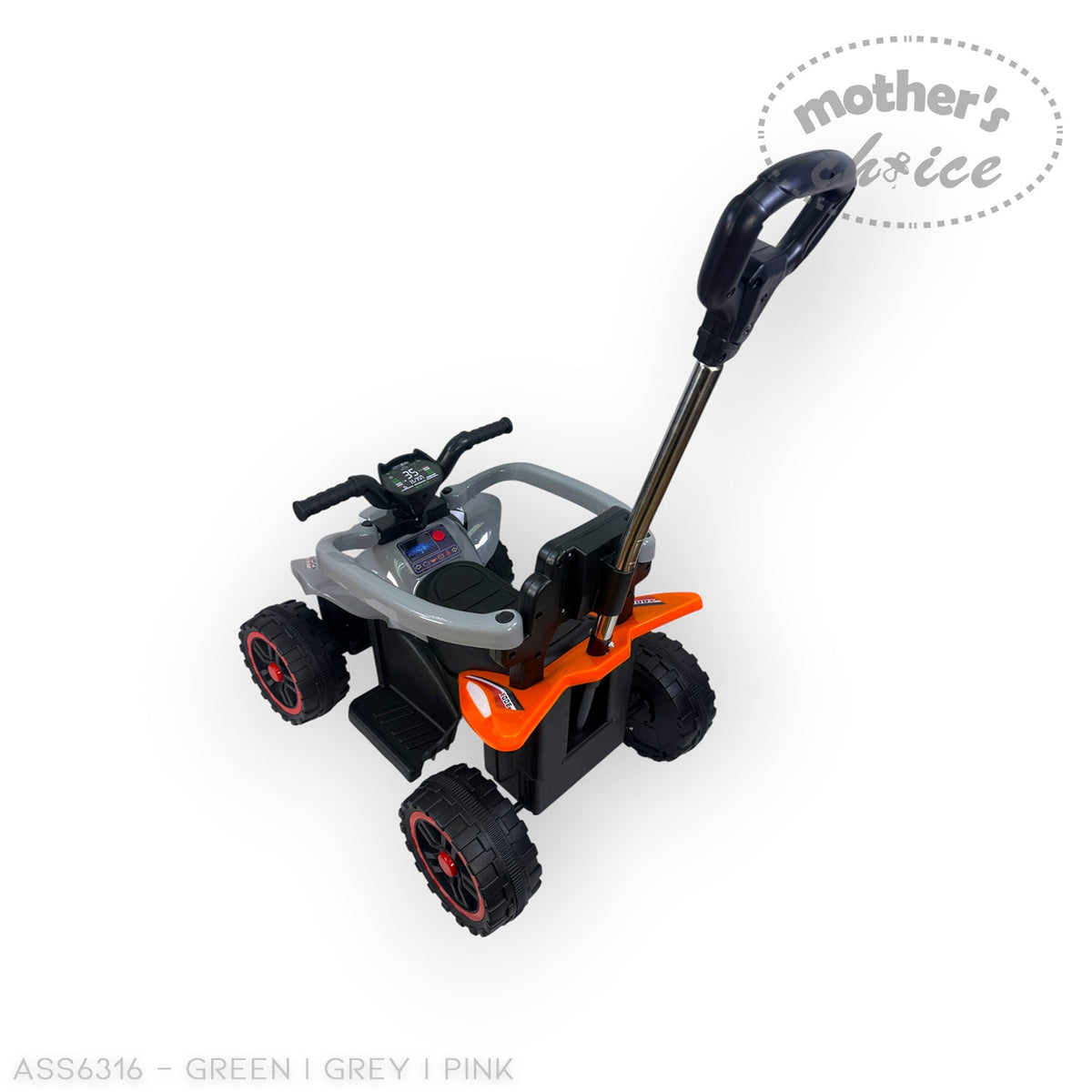 Mother's Choice grey and orange ride-on car with chunky wheels, handlebar steering, and a parent push handle.