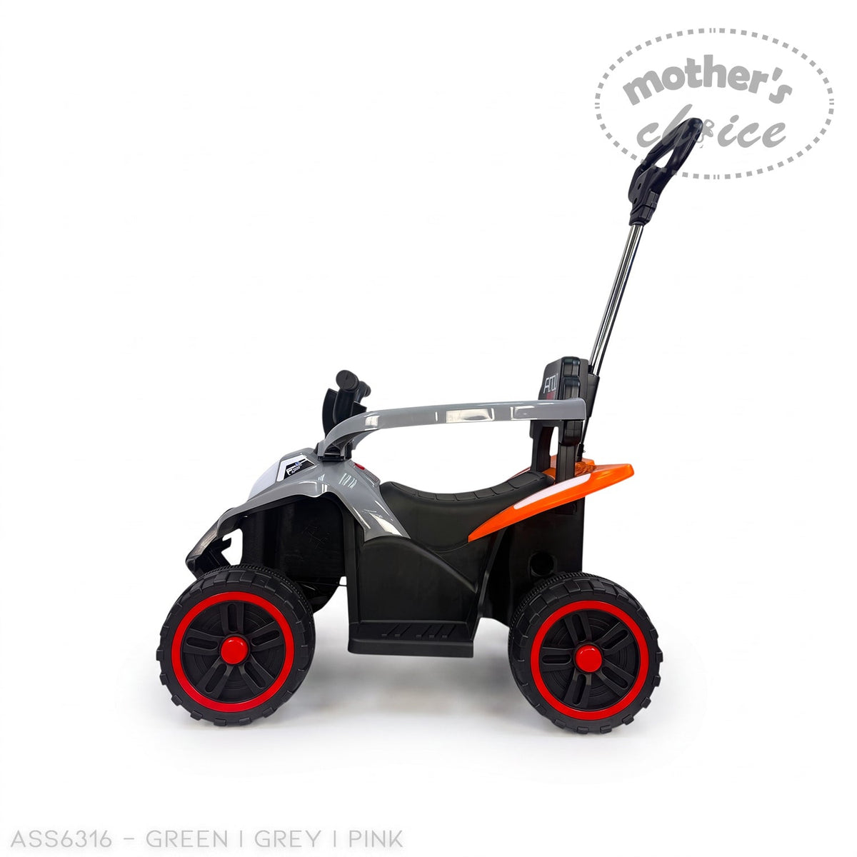 Mother's Choice grey and orange ride-on car with chunky wheels, handlebar steering, and a rear parent push handle.