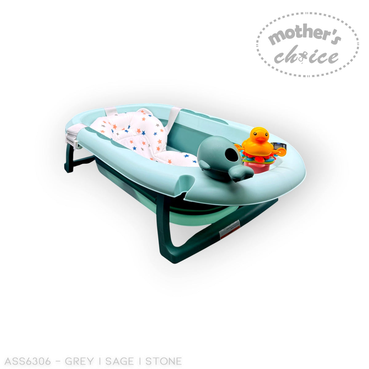 Mother's Choice large sage baby bath with soft star-patterned cushion, floating duck, and interactive bath toys.