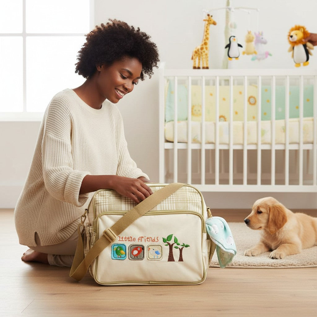 Mothers Choice Little Friends Daypack Beige, a cream-colored diaper bag with plaid accents and embroidered birds and trees.