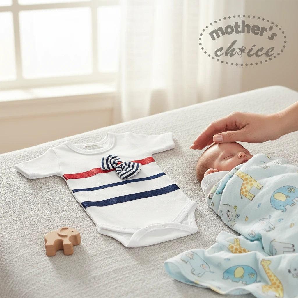 Mother's Choice white cotton romper with navy and red stripes and a bow, next to a sleeping baby.