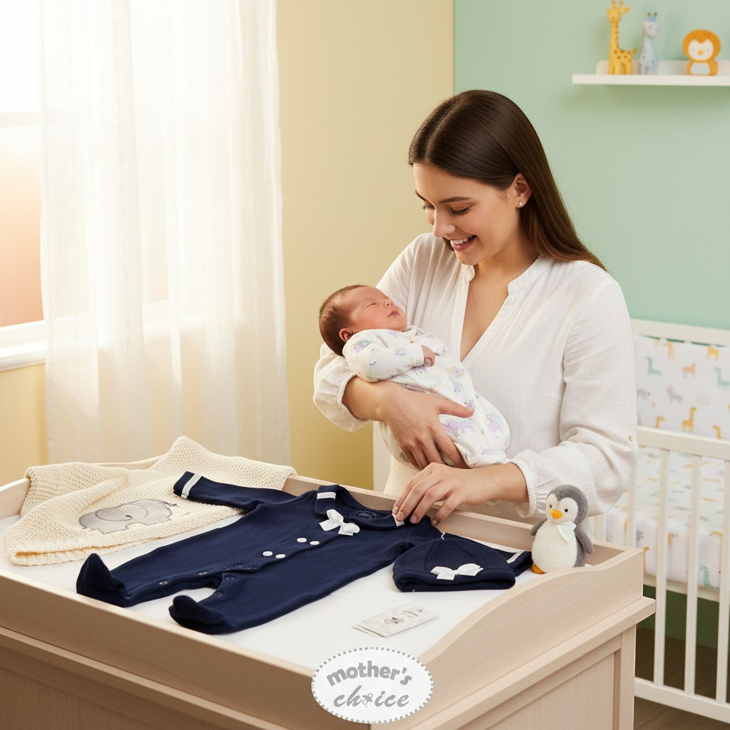 Mother's Choice navy blue sailor romper set for infant boys, featuring a white collar and bow. Includes a matching hat and a cream elephant-embroidered cardigan.