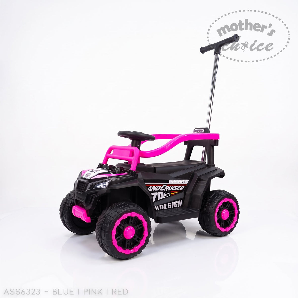 Mother's Choice pink and black ride-on car with chunky wheels, steering wheel, and a parent push handle.