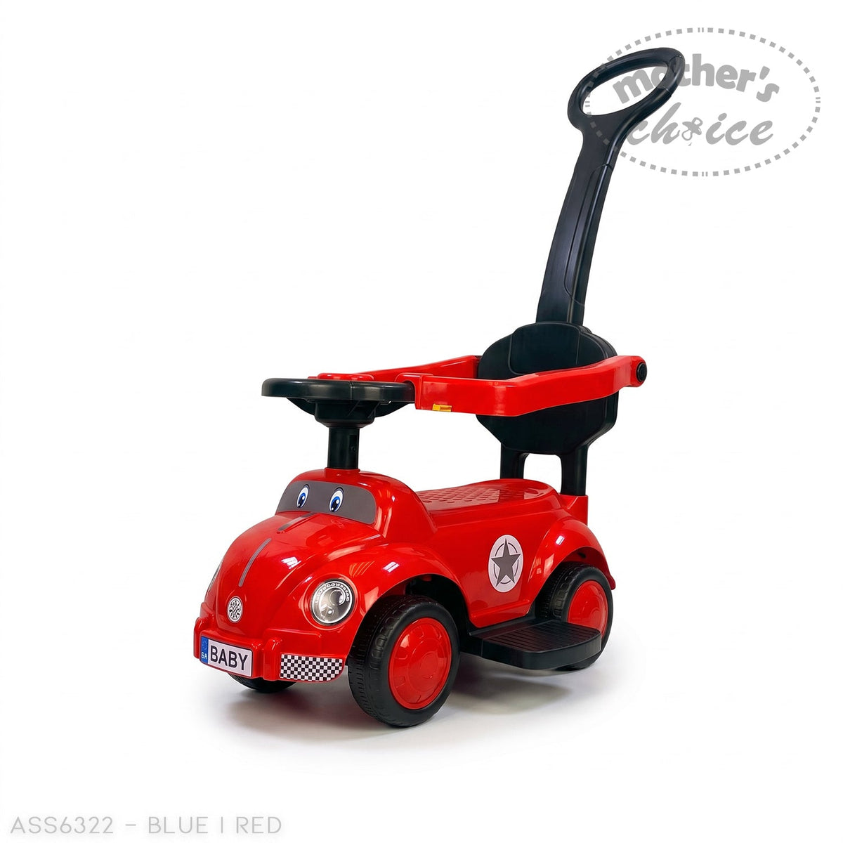 Mother's Choice red Beetle-style ride-on car for toddlers with a steering wheel, backrest, and adult push handle.