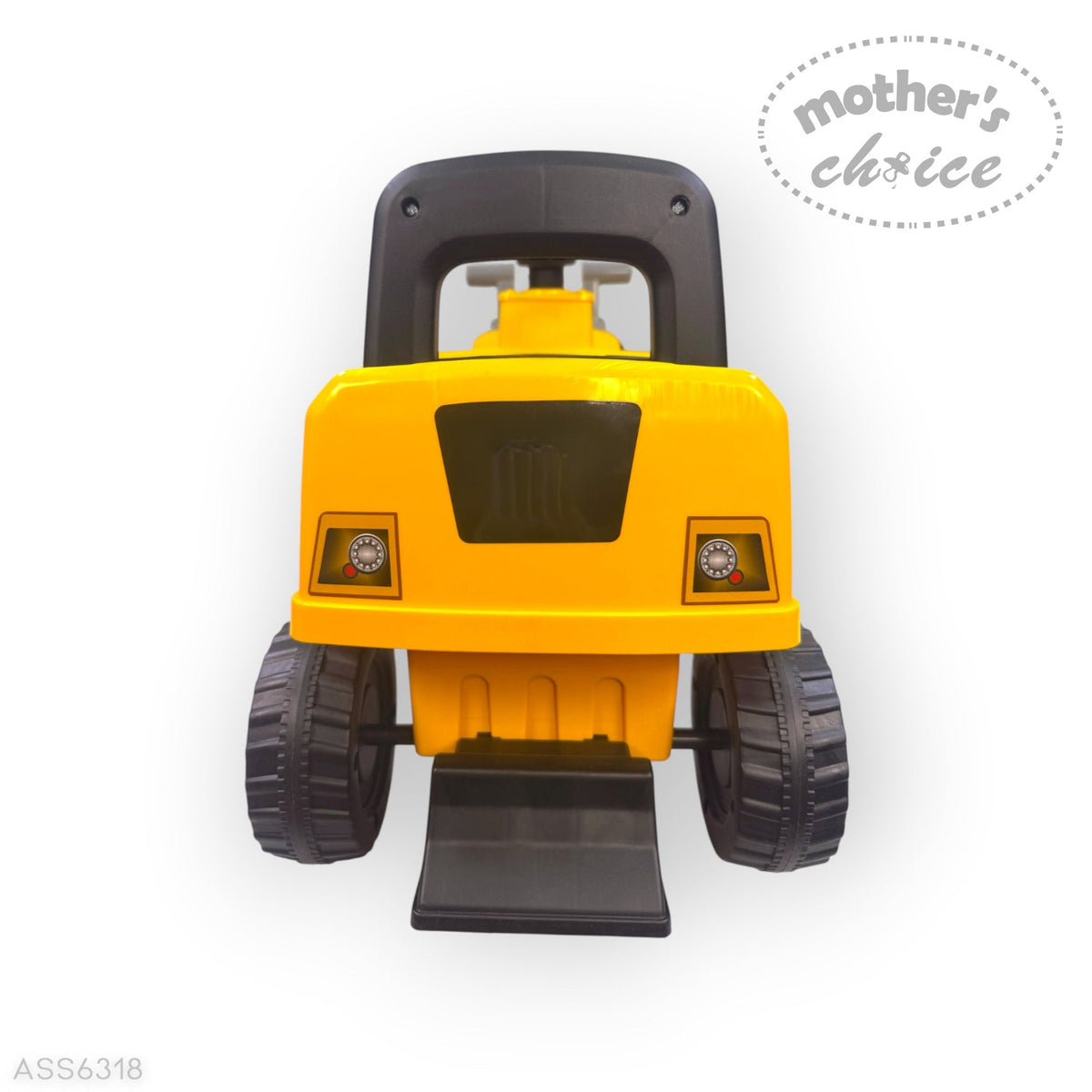 Mother's Choice yellow plastic ride-on bulldozer toy with a front scoop, steering wheel, and chunky wheels.