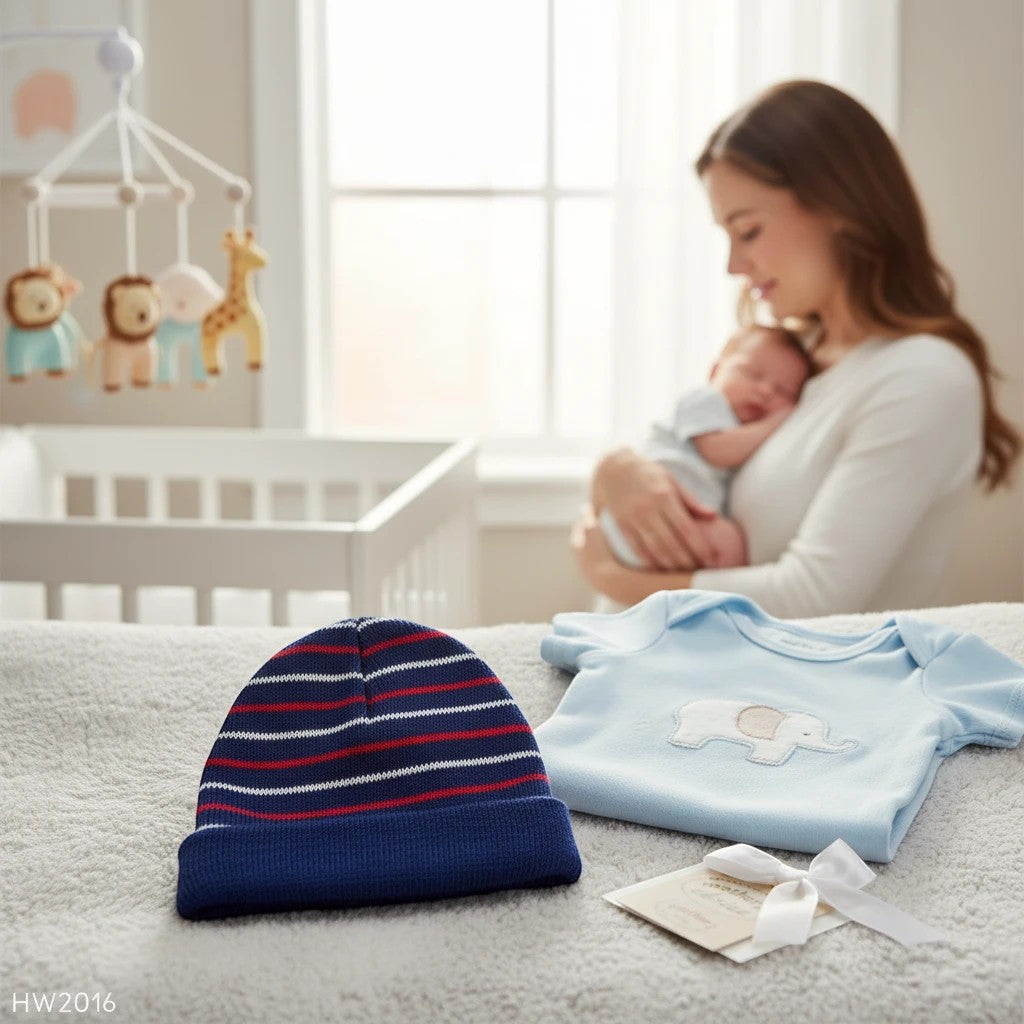 Mothers Choice Boys Winter Hats Striped, a navy blue knit hat with red and white stripes, soft and cozy for babies.
