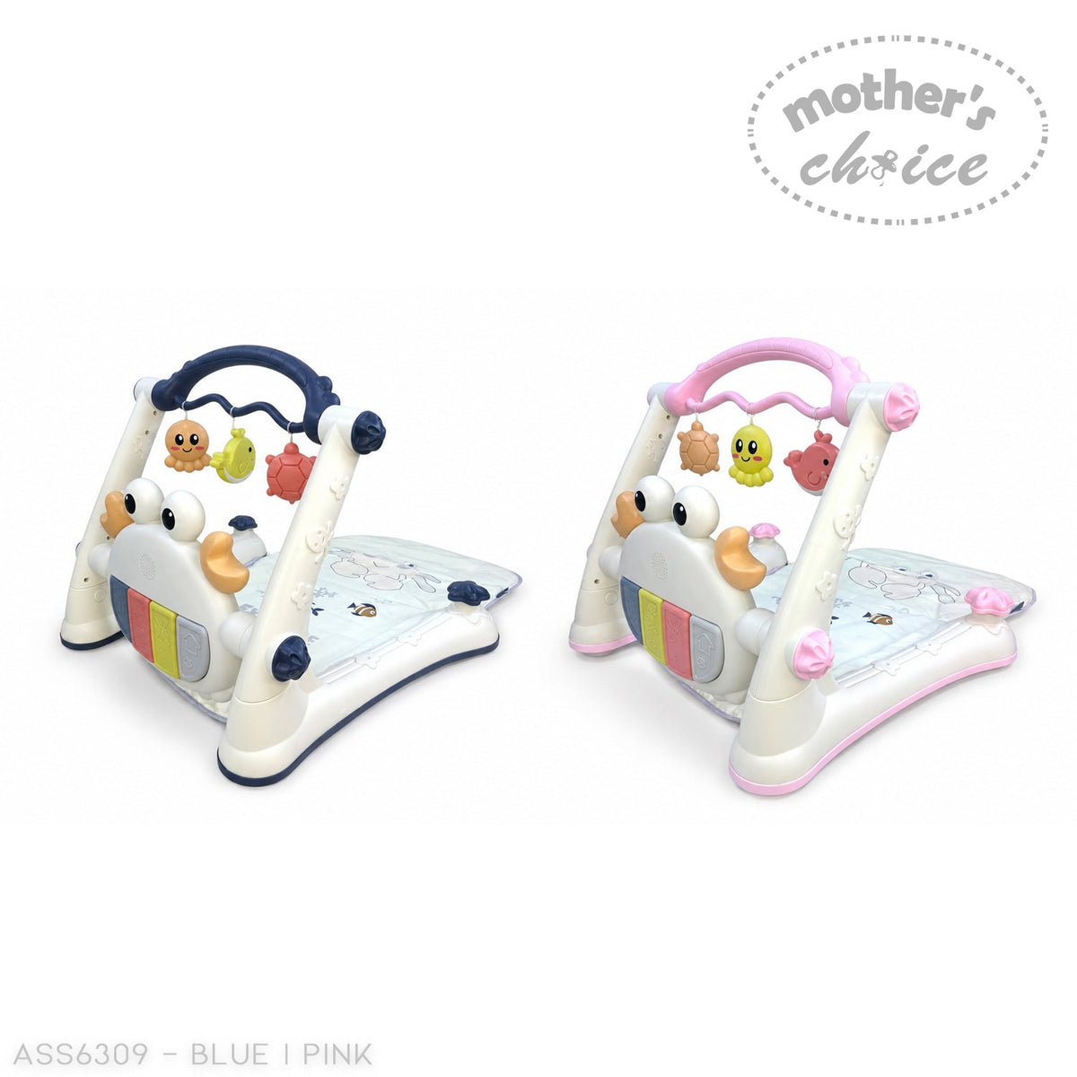 Stork and Baby 2-in-1 playmat and walker with hanging toys and interactive crab activity center in blue and pink.
