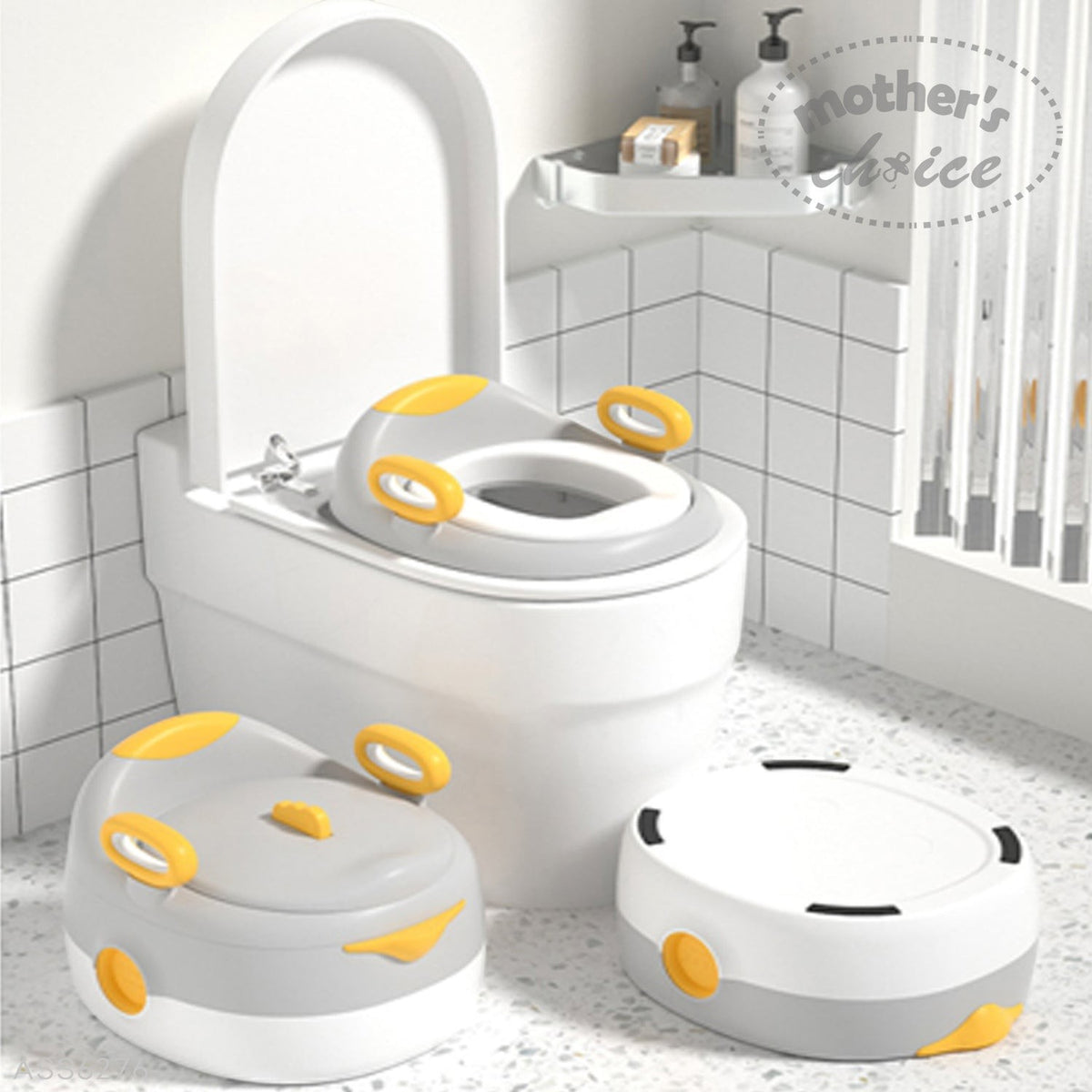 Stork And Baby 3-in-1 baby potty in grey and yellow with a soft PVC seat and supportive handles for toilet training.