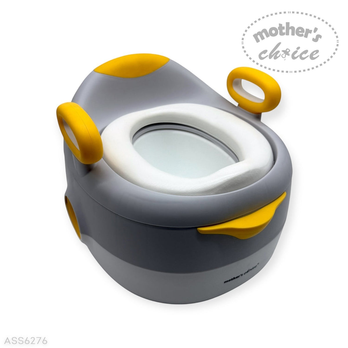 Stork And Baby 3-in-1 baby potty in grey and yellow with a soft white PVC seat and supportive handles.