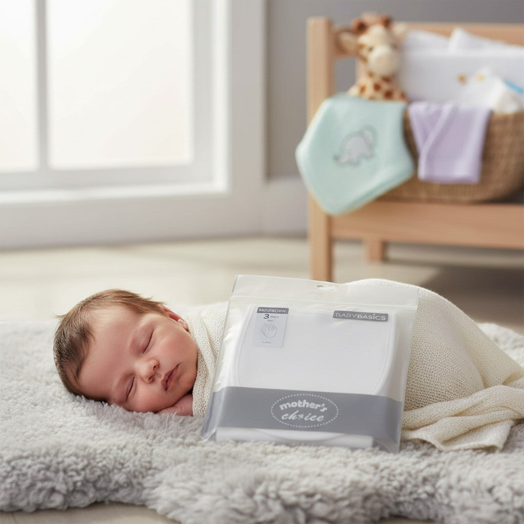 Stork And Baby white cotton 3 pack newborn bibs, soft and comfortable for baby's delicate skin.