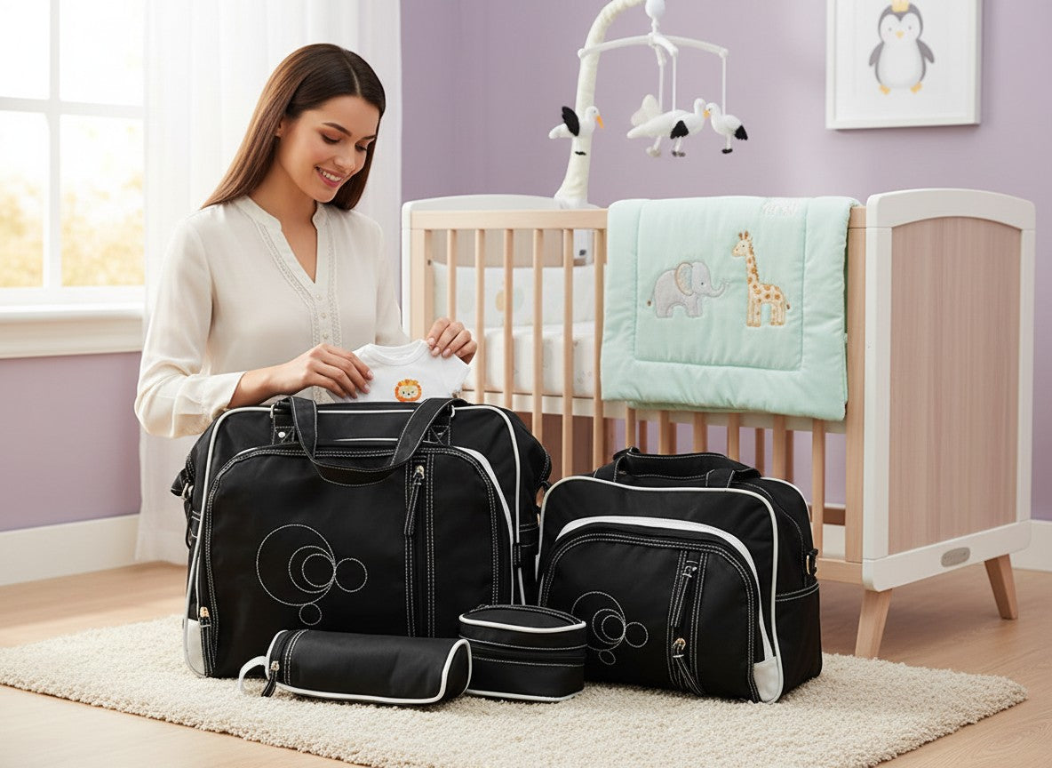Stork And Baby 4-piece black nappy bag set with white stitching and circular design. Includes large bag, smaller bag, and two pouches.