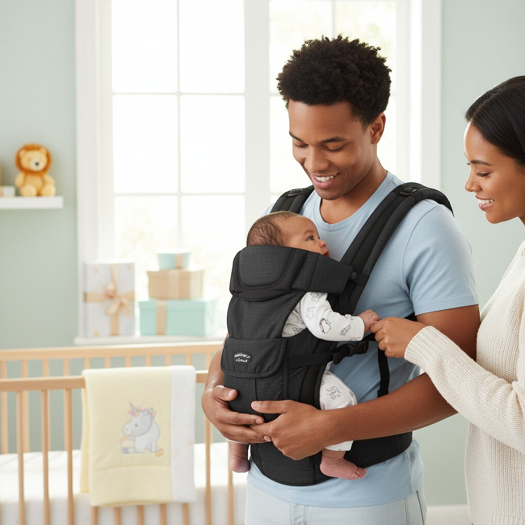 Stork And Baby 4 way baby carrier in black, worn by a father with a baby facing him. Mother stands beside them.