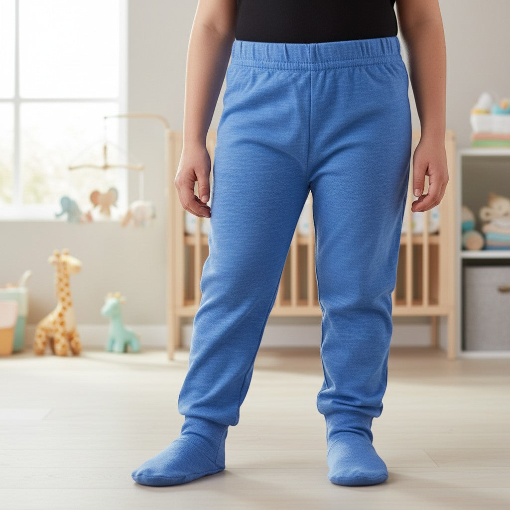 Stork And Baby Airforce blue 100% cotton footed leggings for babies, perfect for playtime and sleep.